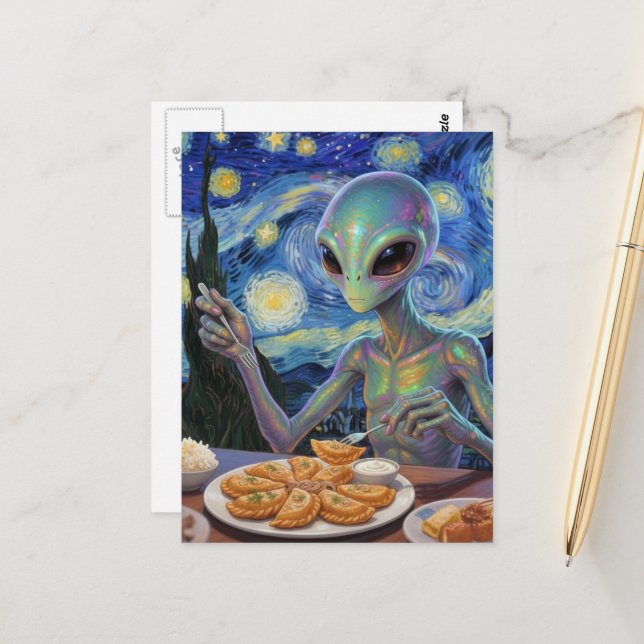 Carte Postale Alien mangeant des Perogies (Devant/Arrière en situation)