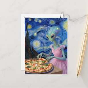 Carte Postale Alien Mignon en Robe Rose Mange une Pizza Faux Van