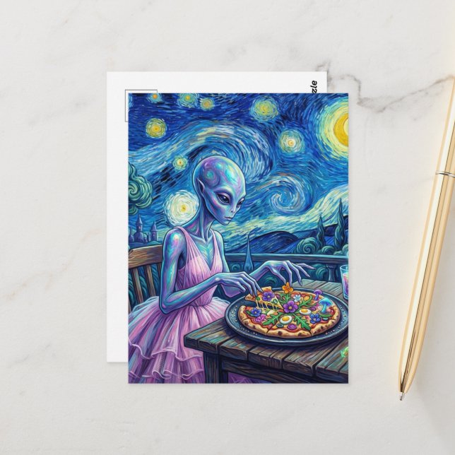 Carte Postale Alien Mignon en Robe Rose Mange une Pizza Faux Van (Devant/Arrière en situation)