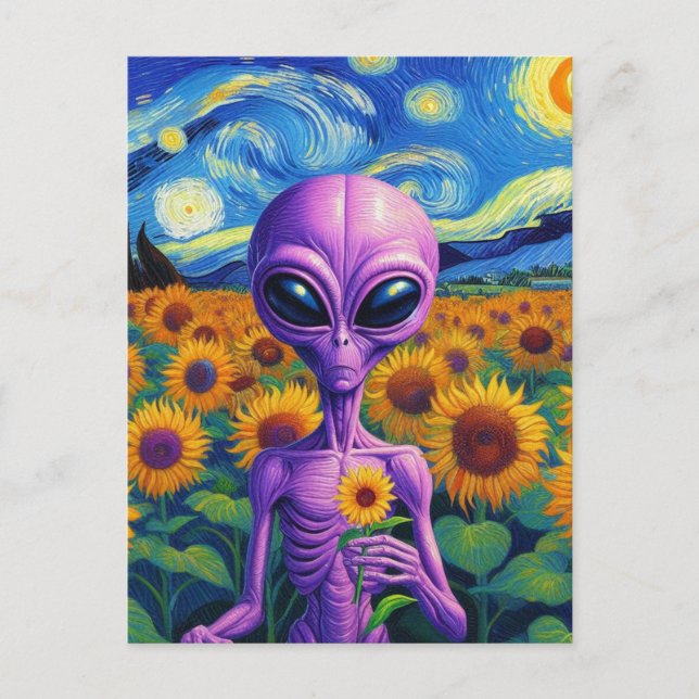 Carte Postale Alien pourpre tient Fleur Van Gogh Tournesol Field (Devant)