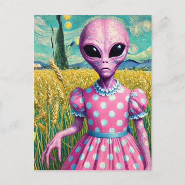 Carte Postale Alien rose dans une robe Polka Dot dans le champ d (Devant)