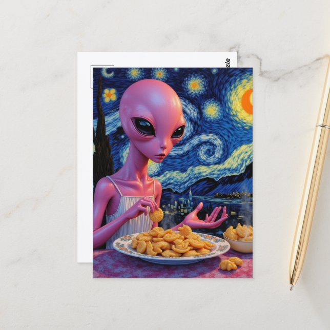 Carte Postale Alien rose mangeant des Pierogies  (Devant/Arrière en situation)