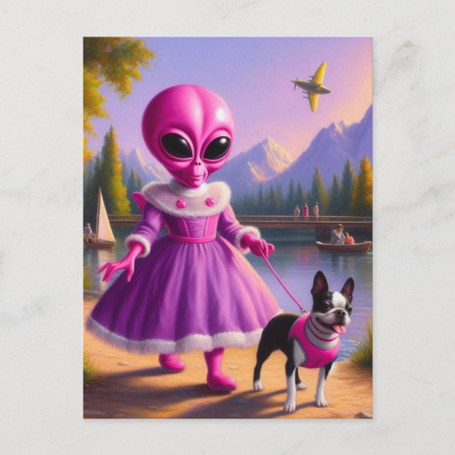 Carte Postale Alien rose marchant à son Boston Terrier au lac (Devant)