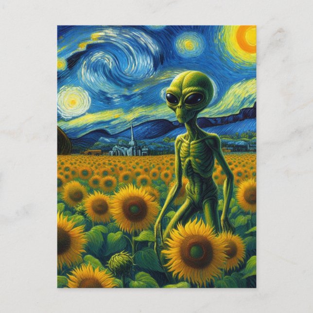 Carte Postale Alien scientifique vert dans un terrain de tournes (Devant)