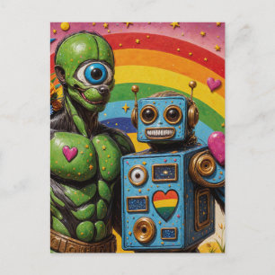 Carte Postale Alien vert borgne bizarre et robot amoureux