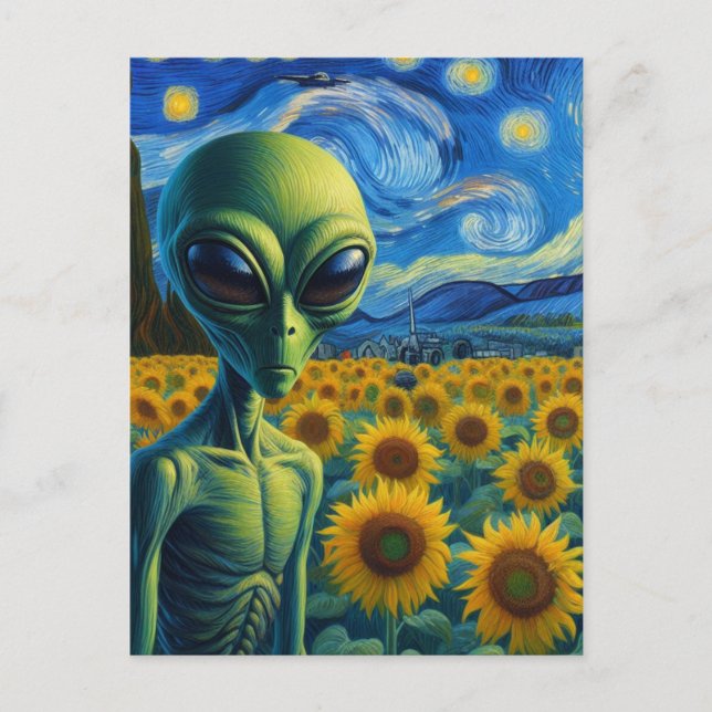 Carte Postale Alien vert dans un terrain de tournesol Faux Van G (Devant)