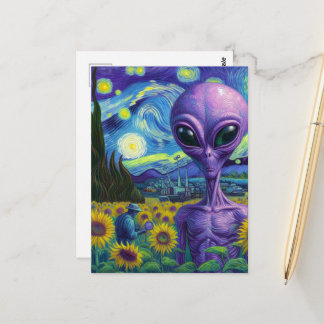 Carte Postale Alien violet dans un champ de tournesols Faux Van