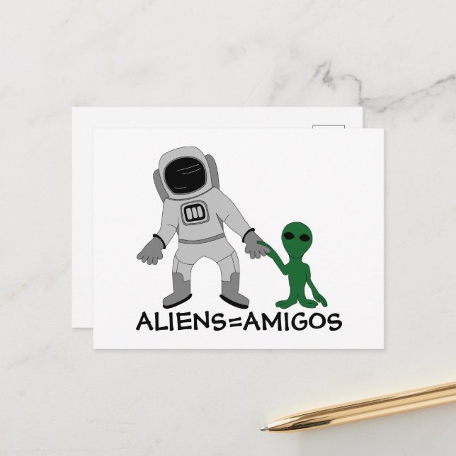 Carte Postale Aliens = Amis, astronautes et extra-terrestres (Devant/Arrière en situation)