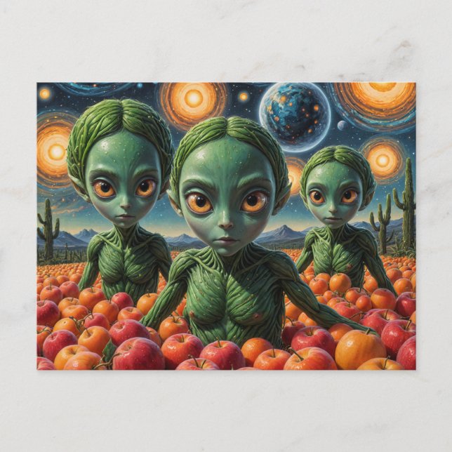 Carte Postale Aliens Avec Pommes (Devant)