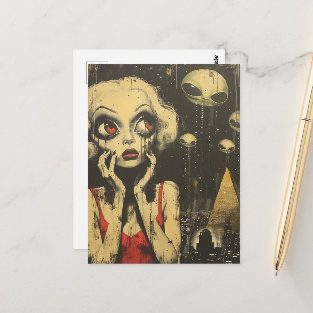 Carte Postale Aliens et femme en robe rouge Imaginaire scifi (Devant/Arrière en situation)