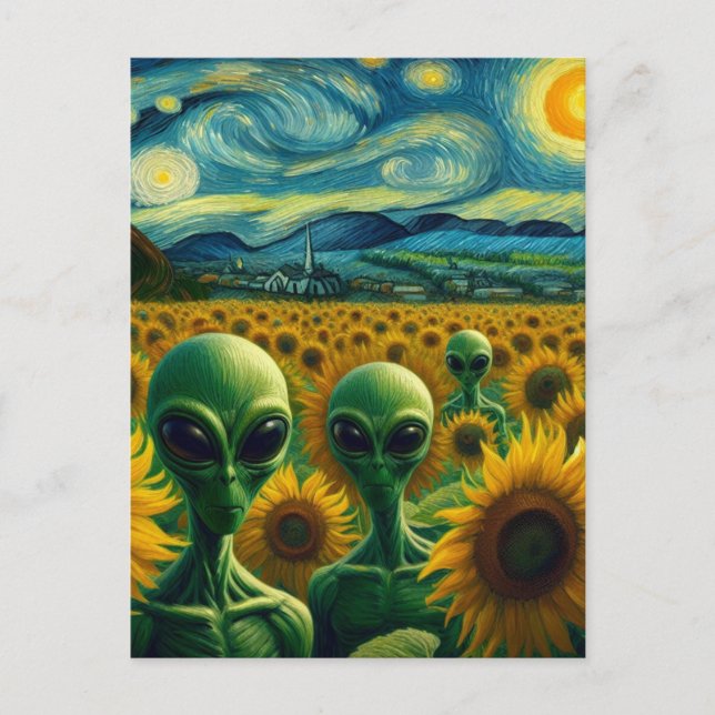 Carte Postale Aliens verts dans un champ de tournesol Van Gogh (Devant)