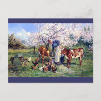 Carte Postale Alimentation des filles Animaux de ferme Peinture
