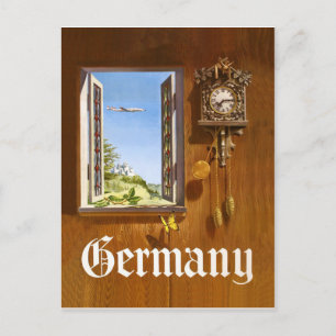 Carte Postale Allemagne, horloge en bois et vue de la fenêtre