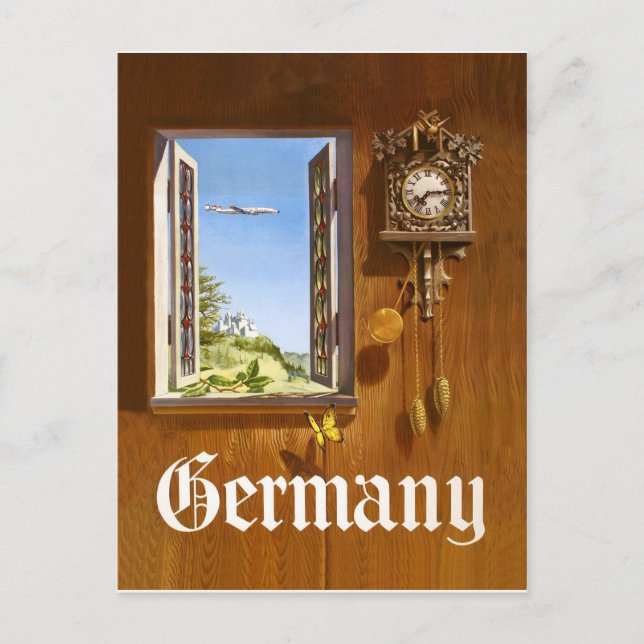 Carte Postale Allemagne, horloge en bois et vue de la fenêtre (Devant)