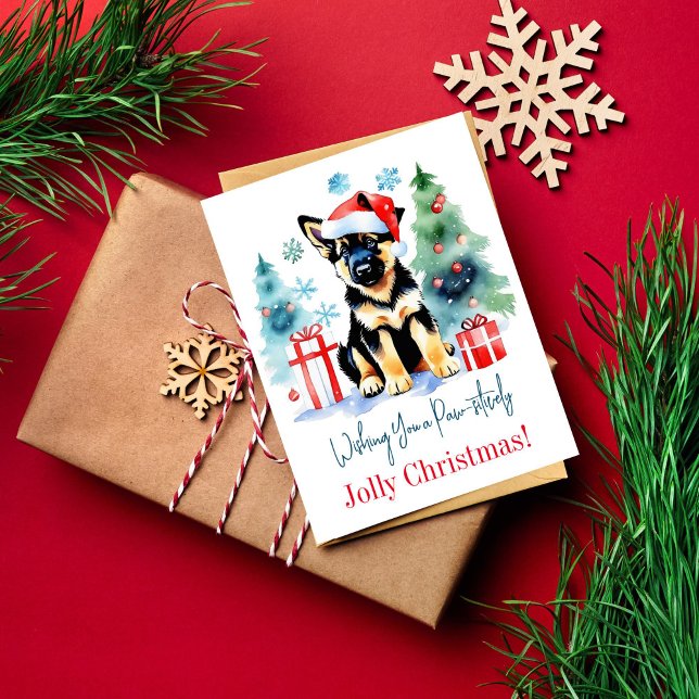 Carte Postale Allemand Shepherd Salutations de Noël pour les chi (Cute German Shepherd puppy Christmas greetings postcard watercolor puppy in Santa hat by gift boxes)