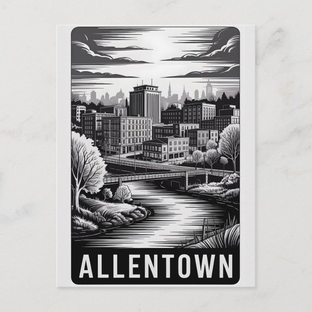 Carte Postale Allentown Pennsylvanie Skyline Noir Blanc Gravure  (Devant)