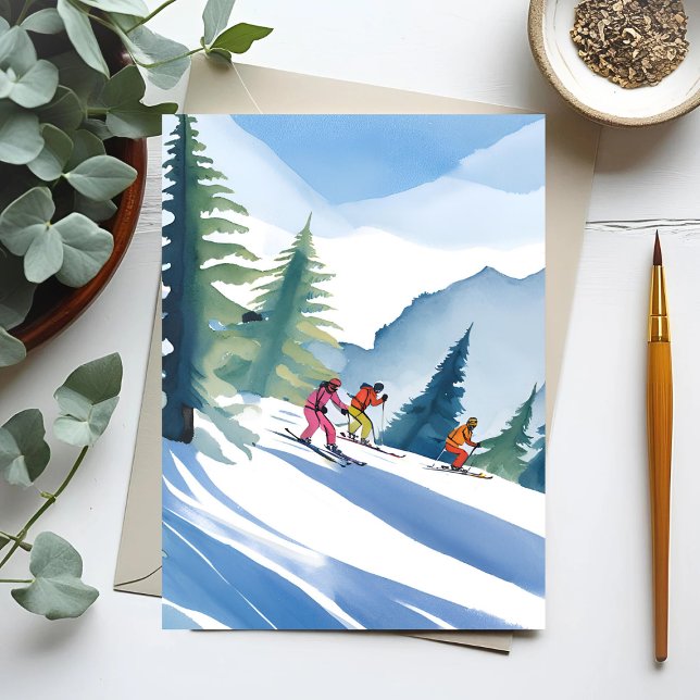 Carte Postale Allons Skiing | Aquarelle d'hiver (Créateur téléchargé)