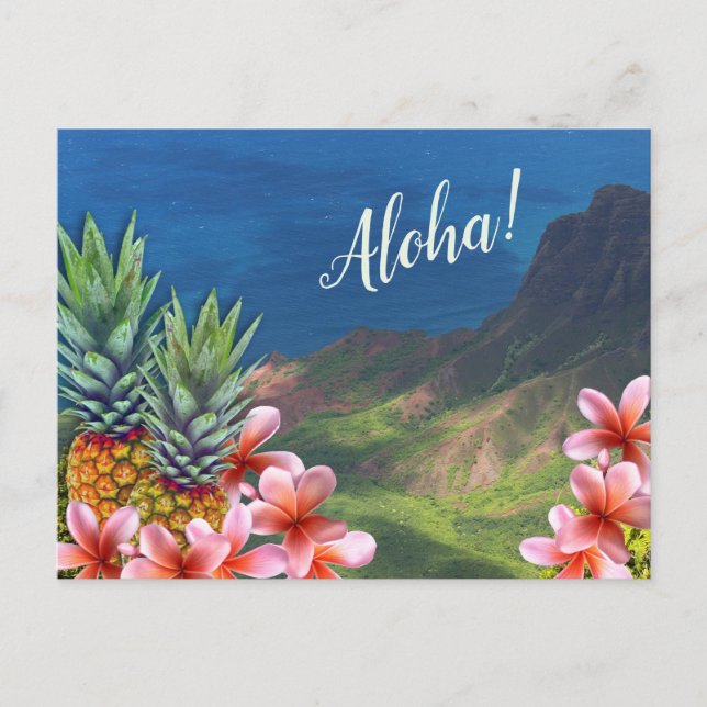 Carte Postale Aloha fleur hawaïenne ananas et montagnes (Devant)