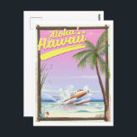 Carte Postale Aloha ! Hawaii affiche de voyage de style Vintage<br><div class="desc">Aloha ! Affiche de voyage de style Vintage hawaïen d'un petit avion léger atterrissant sur l'océan près d'une plage et d'un grand palmier tropical.</div>