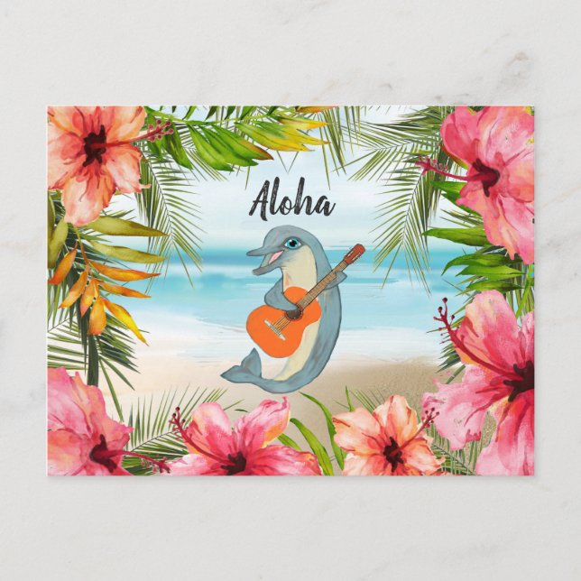 Carte Postale Aloha tropical Penser à vous Guitare dauphin (Devant)