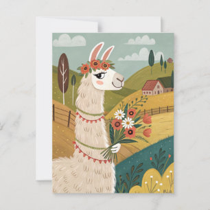 Carte Postale Alpaca avec fleurs art folklorique