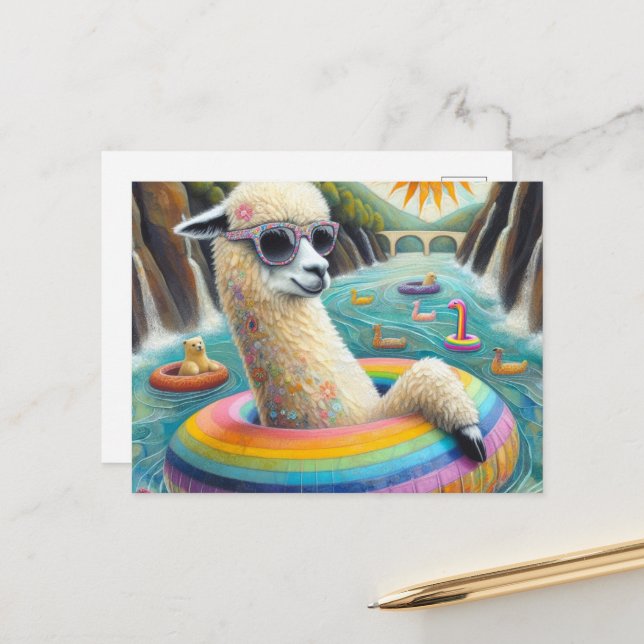 Carte Postale Alpaca sur un flotteur de couleur arc-en-ciel (Devant/Arrière en situation)