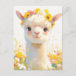 Carte Postale Alpaga avec couronne florale jaune prairie