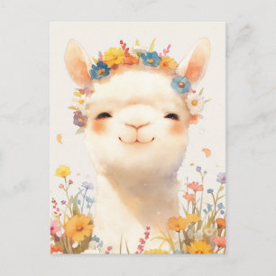 Carte Postale Alpaga blanc avec couronne de fleurs sauvages colo