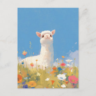 Carte Postale Alpaga blanc dans une prairie colorée de fleurs sa