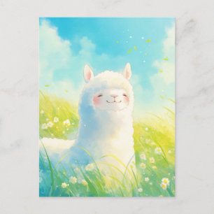 Carte Postale Alpaga blanc dans une prairie ensoleillée remplie 