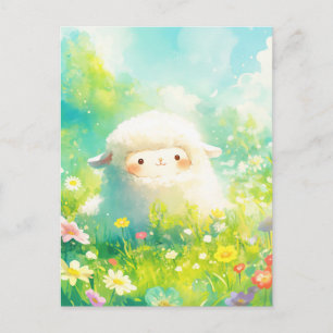Carte Postale Alpaga blanc rond dans une prairie de fleurs sauva