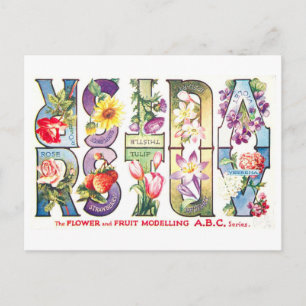 Carte Postale Alphabet de fruits et de fleurs vintage R-V