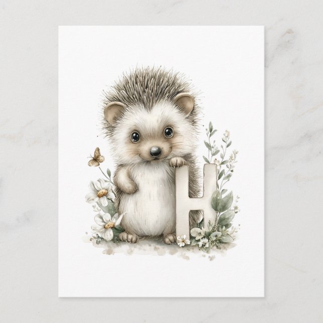 Carte Postale Alphabet Hérisson Animaux Bébés Aquarelle Mignon (Devant)