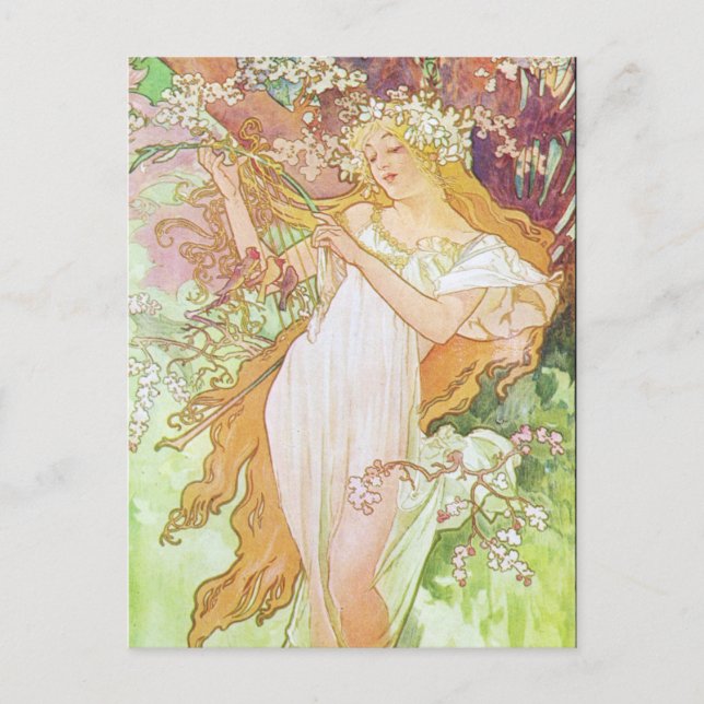 Carte Postale Alphonse Mucha Girl In Garden Art Nouveau Artwork  (Devant)