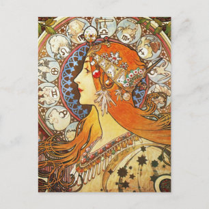 Carte Postale Alphonse Mucha La Plume Zodiac Art Nouveau Vintage