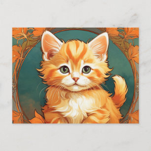Carte Postale Alphonse Mucha Style Chat orange