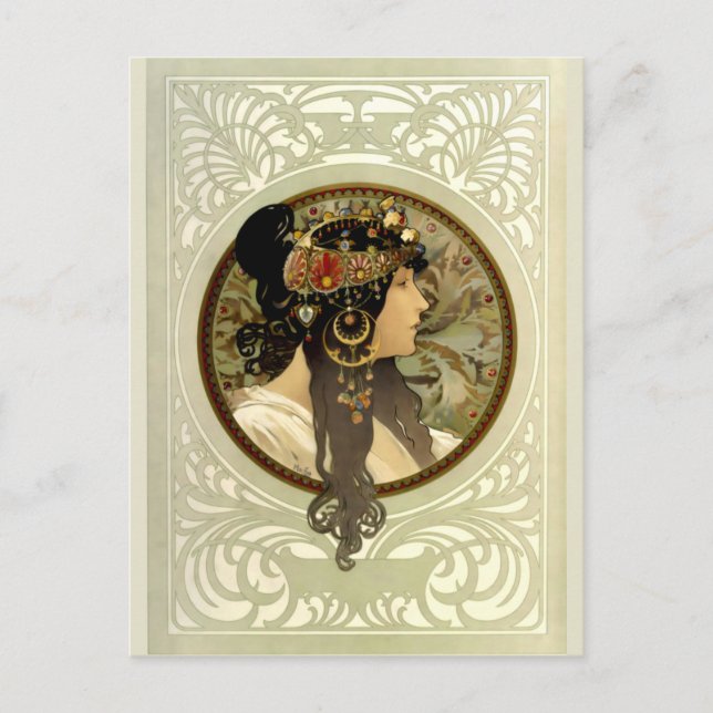 Carte Postale Alphonse Mucha - Têtes byzantines Brunette (Devant)