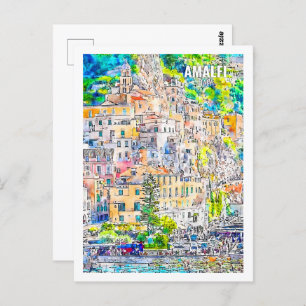 Carte Postale Amalfi Italie célèbre Voyage Aquarelle croquis