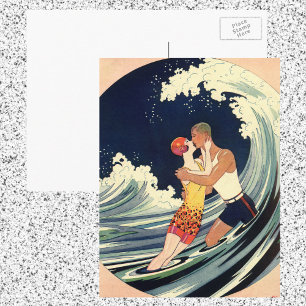 Carte Postale Amants Art Déco vintage s'embrassant dans les vagu