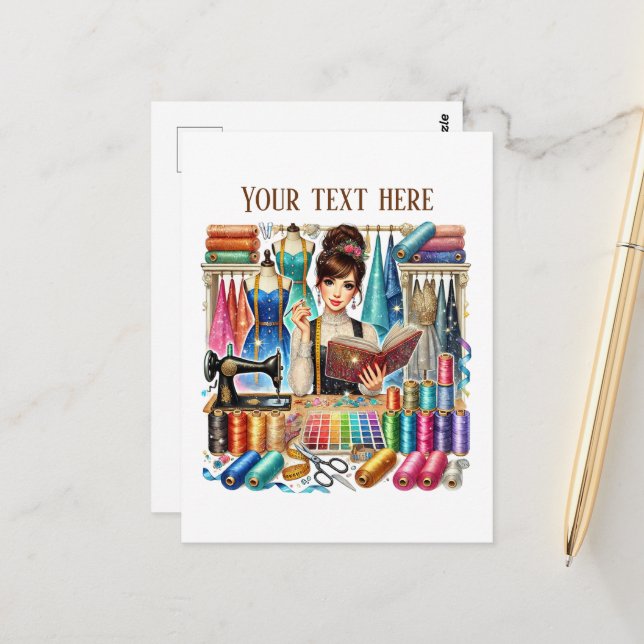 Carte Postale Amateurs de couture mignonne ajouter du texte (Devant/Arrière en situation)