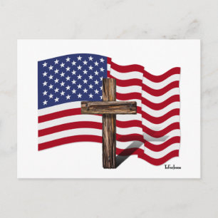 Carte Postale American Flag Waving and Rugged Cross