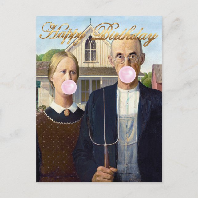 Carte Postale American Gothic soufflant du bubble gum rose (Devant)