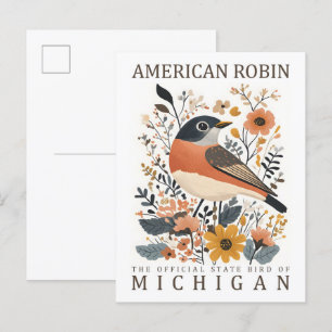 Carte Postale American Robin Bird of Michigan USA Travel