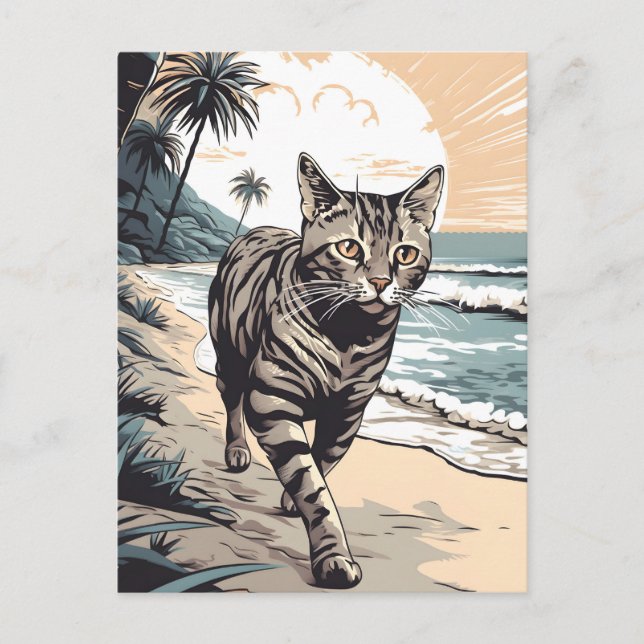 Carte Postale American-Shorthair-Cat sur une plage tropicale (Devant)