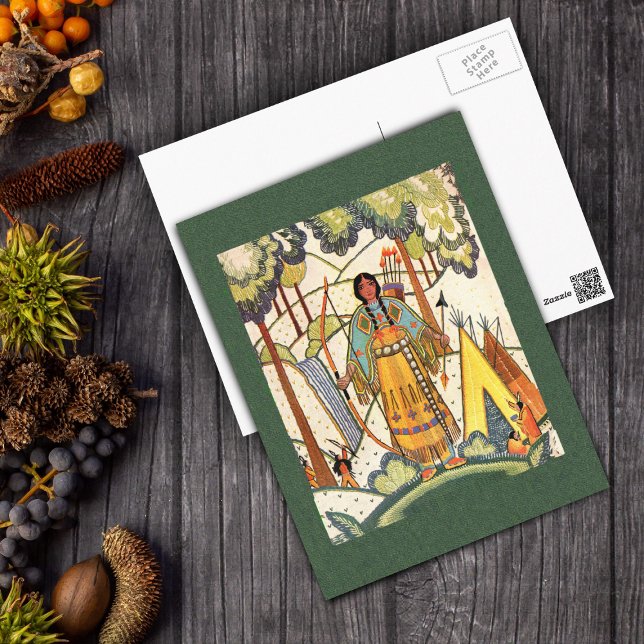 Carte postale amérindienne Maiden (Native American woman traditional dress tee pee forest on green post card.)