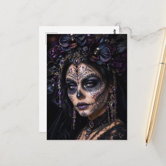 Carte Postale Améthyste Orchidée Calavera – Crâne de Sucre Gothi (Devant/Arrière en situation)