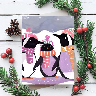 Carte Postale Amis Manchots de Noël Aquarelle d'Hiver