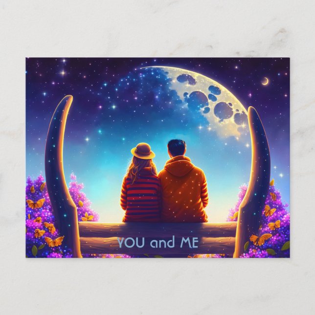 Carte Postale Amis ou amoureux sur un banc au clair de lune (Devant)