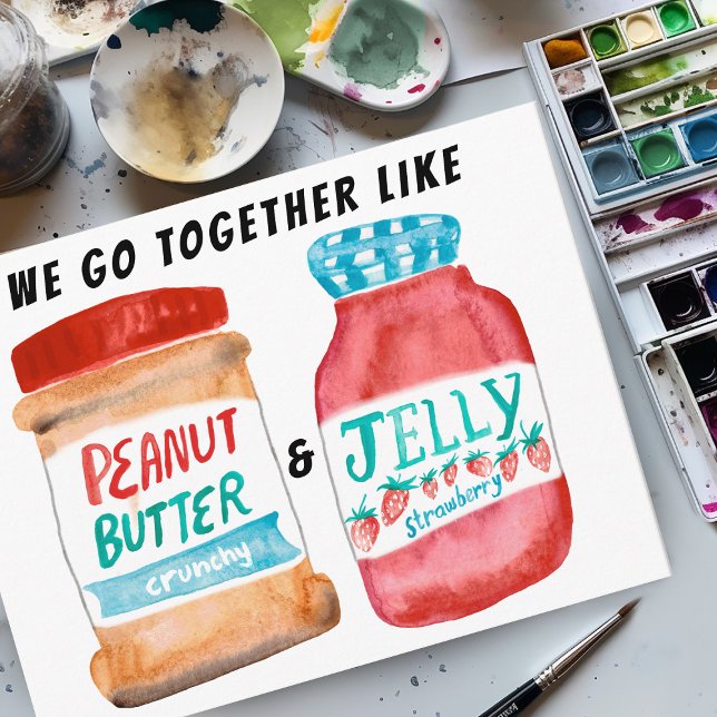 Carte Postale AMOUR Beurre d'arachide et Jelly Amis de l'aquarel (LOVE Peanut Butter and Jelly Watercolor FRIENDS Postcard
)