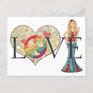 Carte Postale Amour coloré, Paix et Fleur Coeur Hippie fille